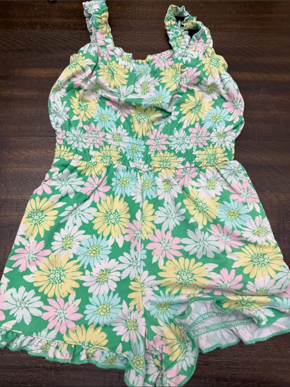 btween Green Floral Smocked Romper with Pink and Yellow Daisies